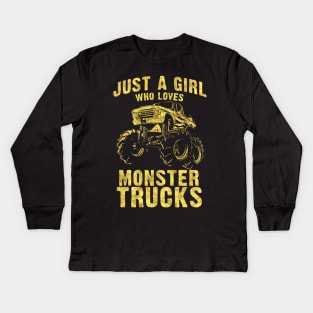 Just a GIRL who Loves MONSTER TRUCKS awesome black and yellow distressed style Kids Long Sleeve T-Shirt